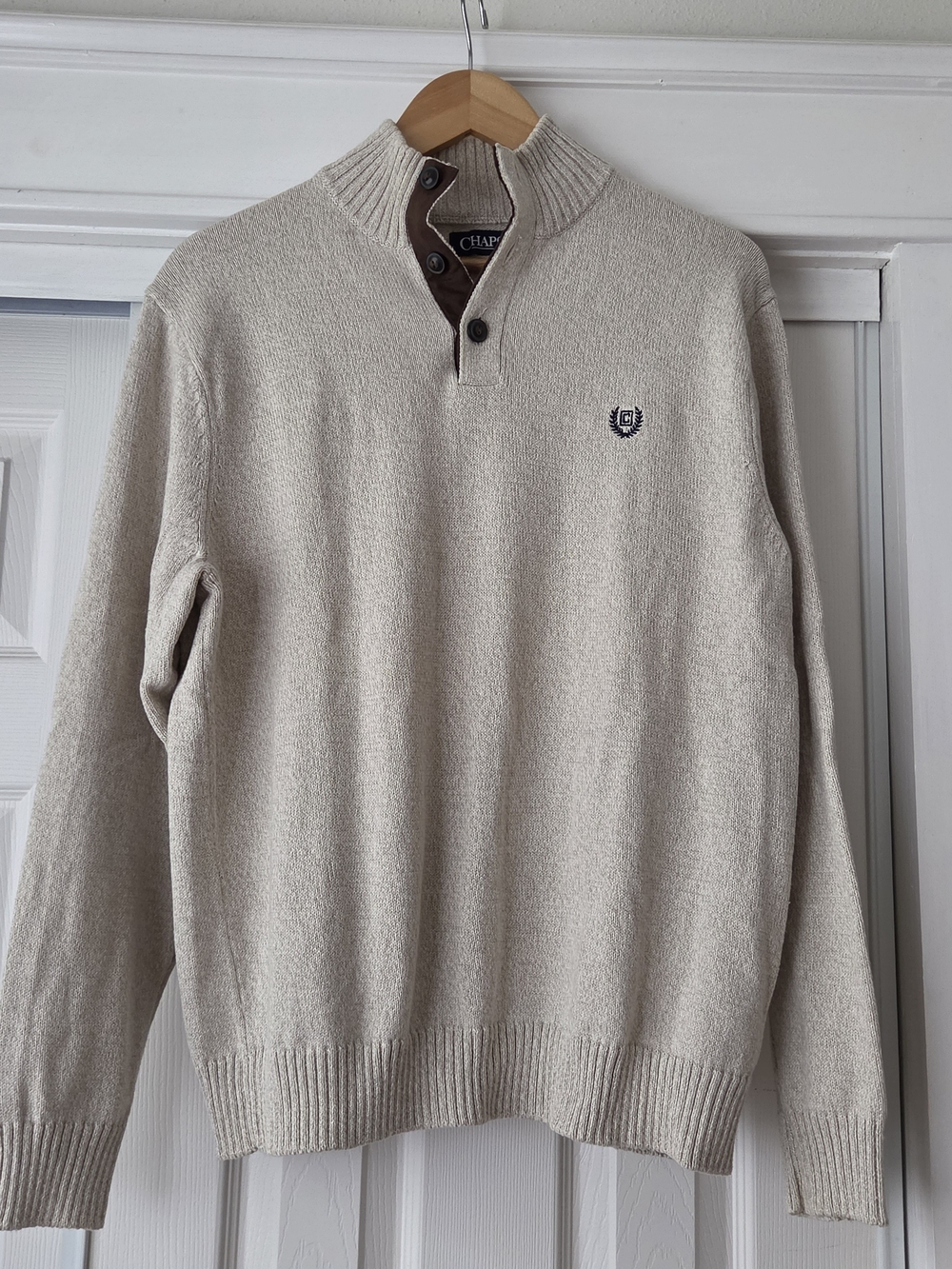 Chaps Mens Large Button Placket Pullover Sweater Oatmeal Tan Elbow Patch